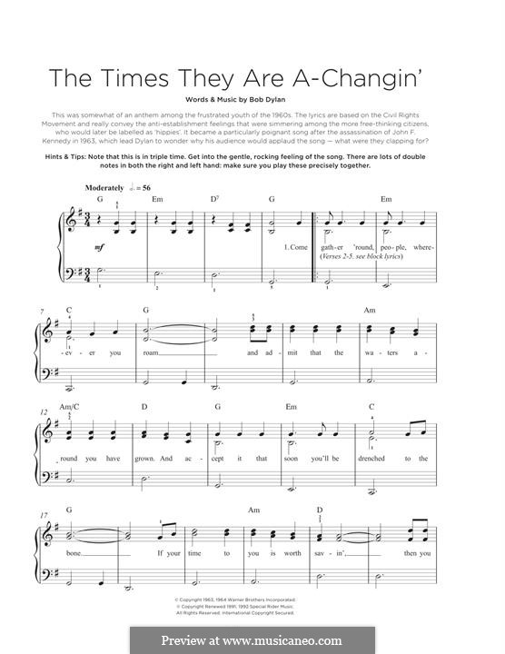The Times They Are A-Changin': For piano by Bob Dylan