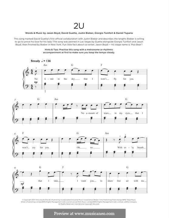 2U: For piano by David Guetta, Giorgio Tuinfort, Jason Boyd, Justin Bieber, Daniel Tuparia