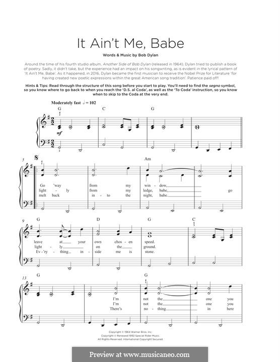 It Ain't Me Babe: For piano by Bob Dylan