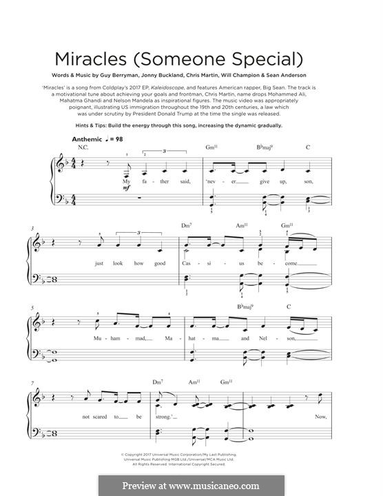 Miracles (Someone Special): For piano by Chris Martin, Guy Berryman, Jonny Buckland, Will Champion