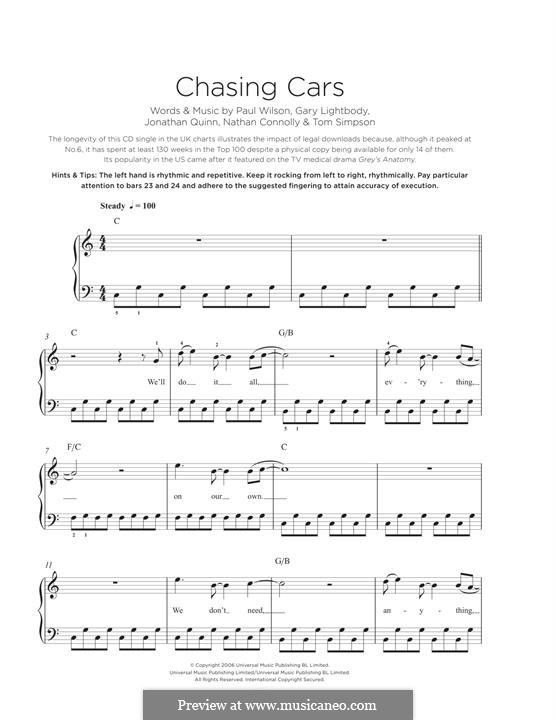 Chasing Cars (Snow Patrol): For piano by Gary Lightbody, Jonathan Quinn, Nathan Connolly, Paul Wilson, Tom Simpson