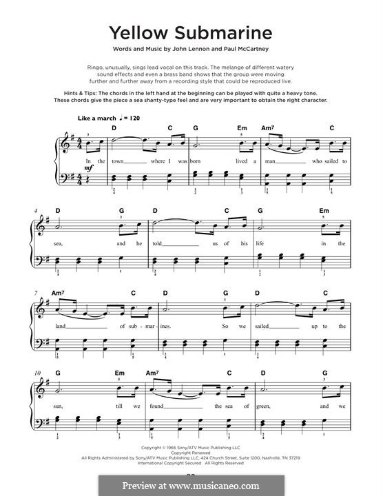 Yellow Submarine (The Beatles): For piano by John Lennon, Paul McCartney