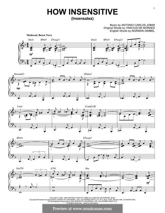 How Insensitive (Insensatez): For piano by Antonio Carlos Jobim