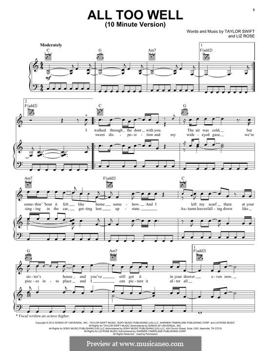 All Too Well (Taylor Swift): For voice and piano or guitar (10 Minute Version) by Liz Rose
