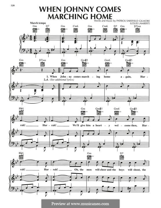 When Johnny Comes Marching Home: For voice and piano (or guitar) by Patrick Sarsfield Gilmore