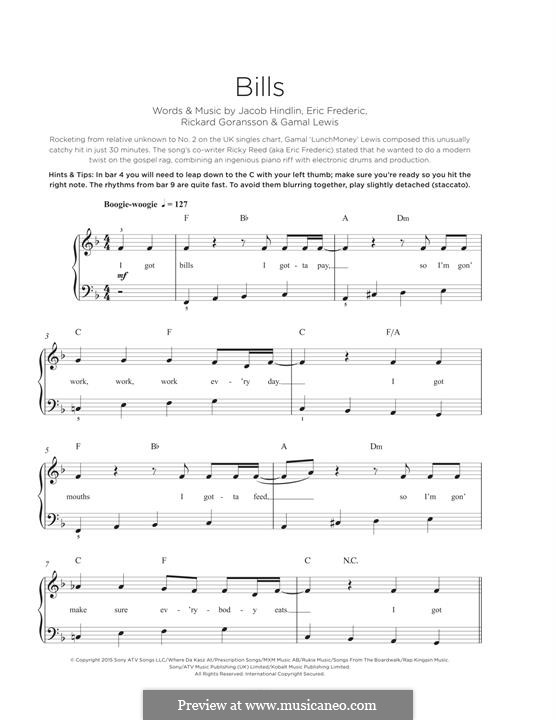 Bills: For piano by Jacob Kasher Hindlin, Eric Frederic, Rickard Goransson, Gamal Lewis