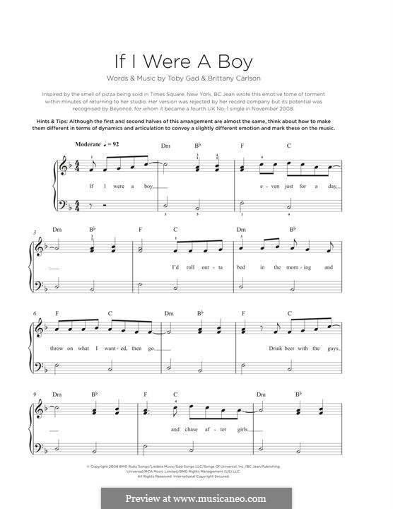 If I Were a Boy (Beyonce): For piano by Britney Carlson, Tobias Gad