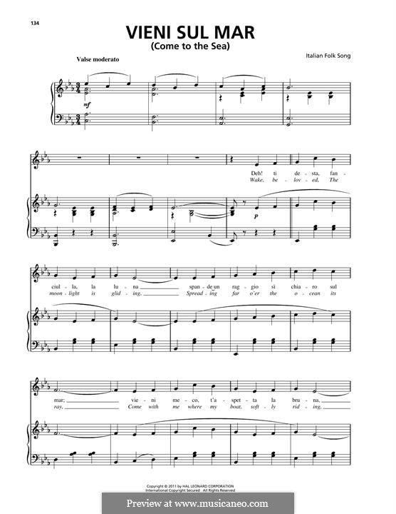 Vieni sul mar: For voice and piano (or guitar) by folklore