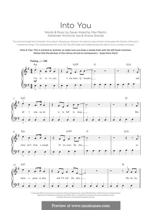 Into You: For piano by Alexander Kronlund, Max Martin, Savan Kotecha, Ariana Grande, Ilya