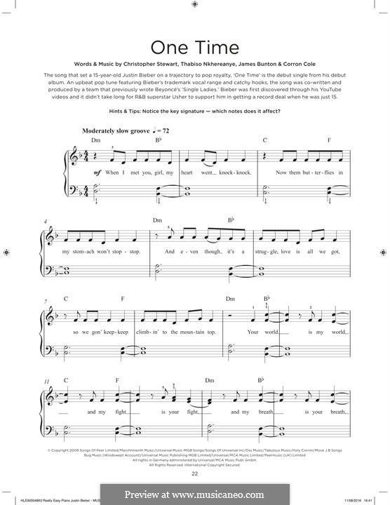 One Time (Justin Bieber): For piano by Tricky Stewart , Corron Ty Kee Cole, James Bunton, Thabiso Nkhereanye