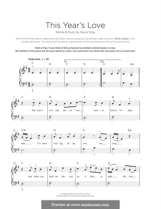 This Year's Love: For piano by David Gray