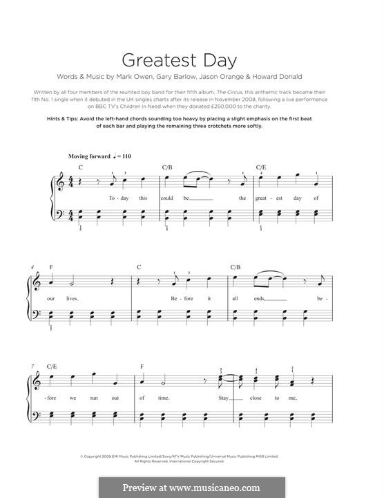 Greatest Day (Take That): For piano by Gary Barlow, Howard Donald, Jason Orange, Mark Owen