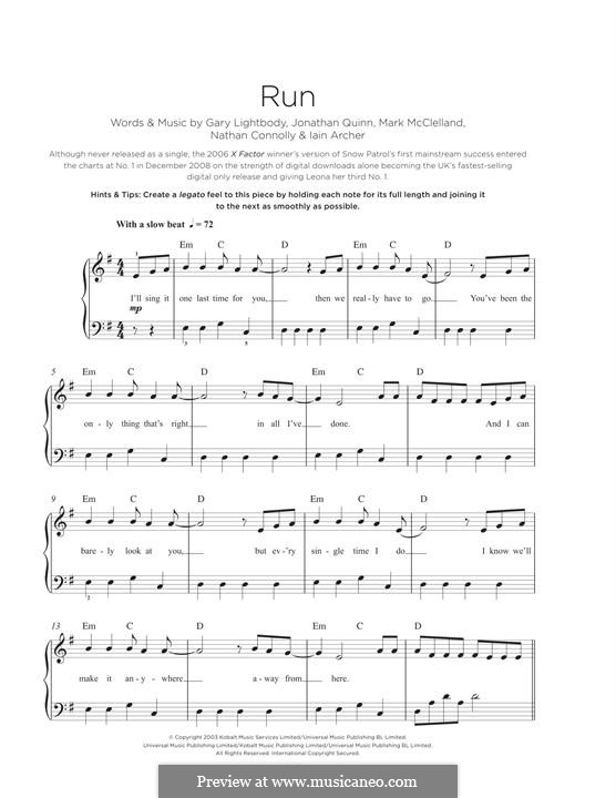 Run: For piano by Gary Lightbody, Iain Archer, Jonathan Quinn, Mark McClelland, Nathan Connolly