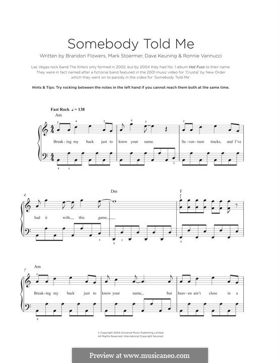 Somebody Told Me (The Killers): For piano by Brandon Flowers, Dave Keuning, Mark Stoermer, Ronnie Vannucci
