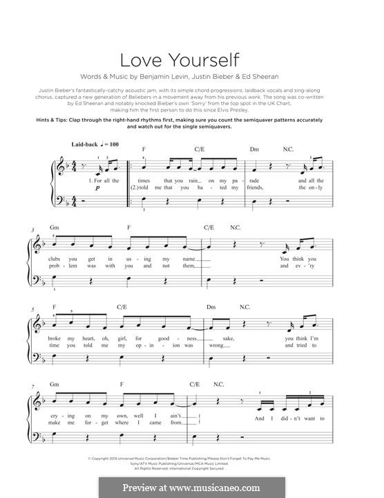 Love Yourself: For piano by Ed Sheeran, Benny Blanco, Justin Bieber