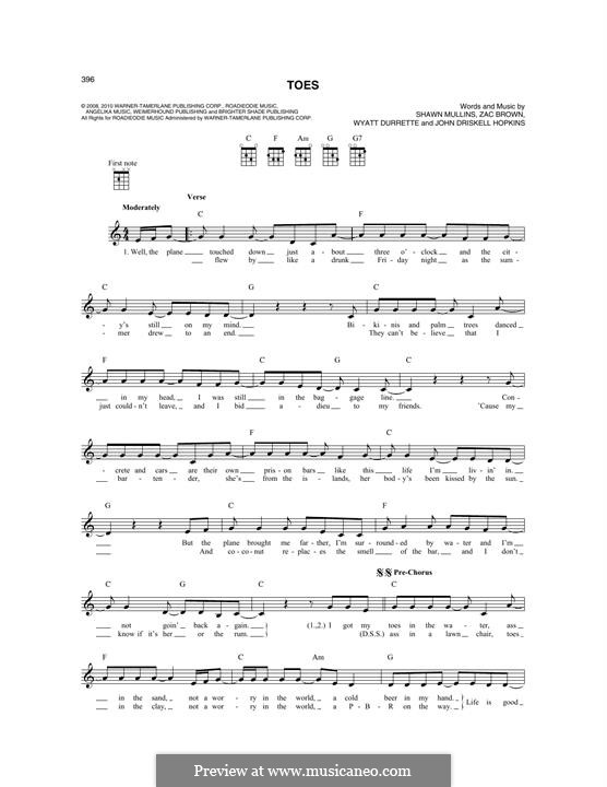 Toes (Zac Brown Band): For mandolin by John Driskell Hopkins, Shawn Mullins, Wyatt Durrette, Zac Brown
