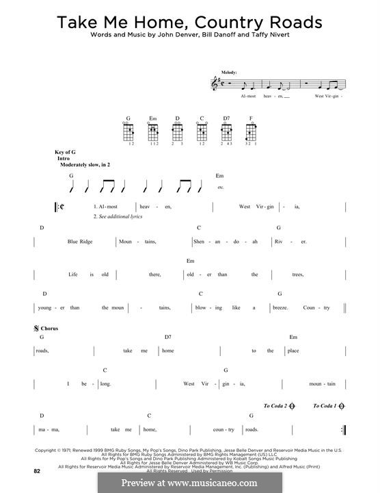 Take Me Home, Country Roads: For mandolin by Bill Danoff, John Denver, Taffy Nivert