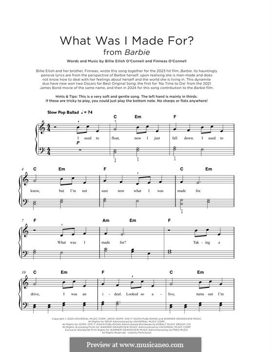 What Was I Made For? (from Barbie): For piano by Finneas O'Connell
