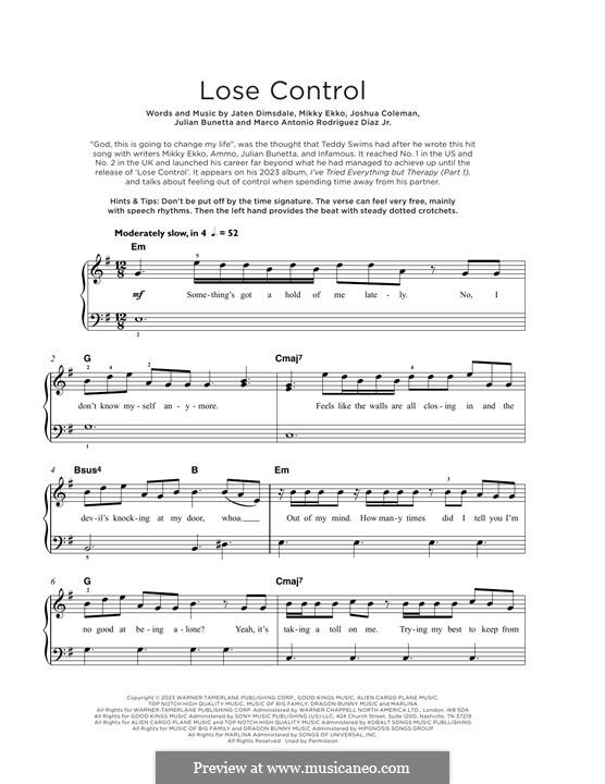 Lose Control: For piano by Joshua Coleman, Julian Bunetta, Mikky Ekko, Marco Antonio Rodriguez Diaz, Teddy Swims