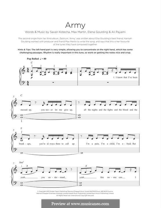 Army: For piano by Ellie Goulding, Max Martin, Savan Kotecha, Ali Payami
