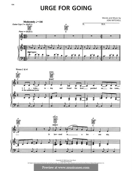 Urge for Going (Travis): For voice and piano (or guitar) by Joni Mitchell