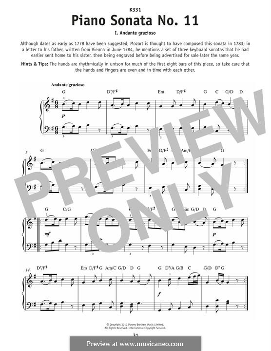 Movement I Andante Grazioso: Theme, for piano by Wolfgang Amadeus Mozart