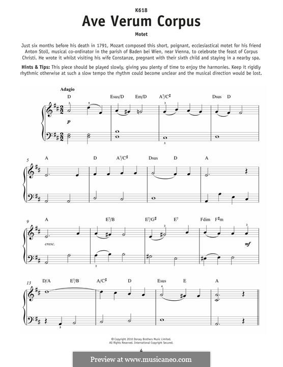 Ave verum corpus (Printabel Scores), K.618: For piano by Wolfgang Amadeus Mozart