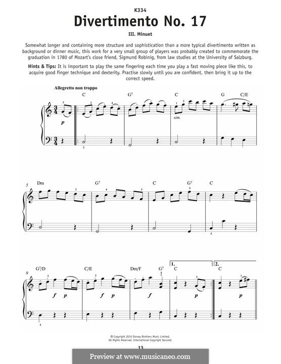 Divertissement No.17 in D Major, K.334: Minuet, for piano by Wolfgang Amadeus Mozart