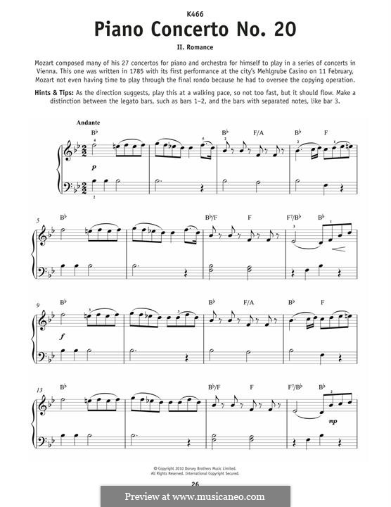 Concerto for Piano and Orchestra No.20 in D Minor, K.466: Movement II (excerpt). Version for piano by Wolfgang Amadeus Mozart