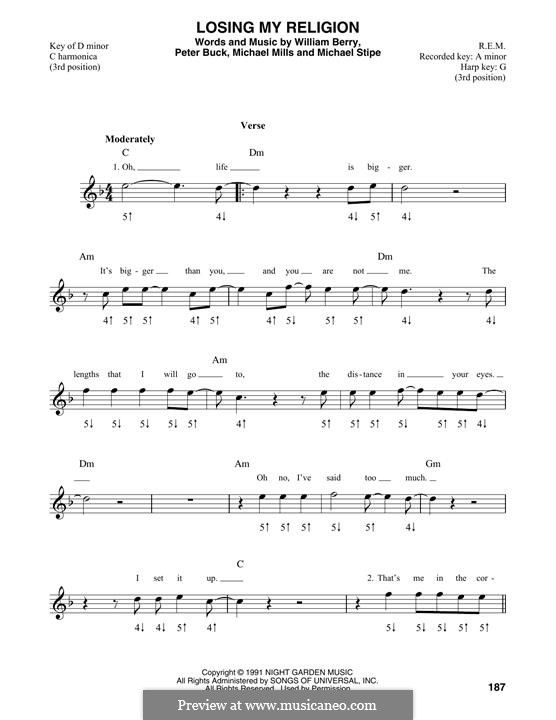 Losing My Religion (R.E.M.): For harmonica by Mike Mills, Michael Stipe, Peter Buck, William Berry