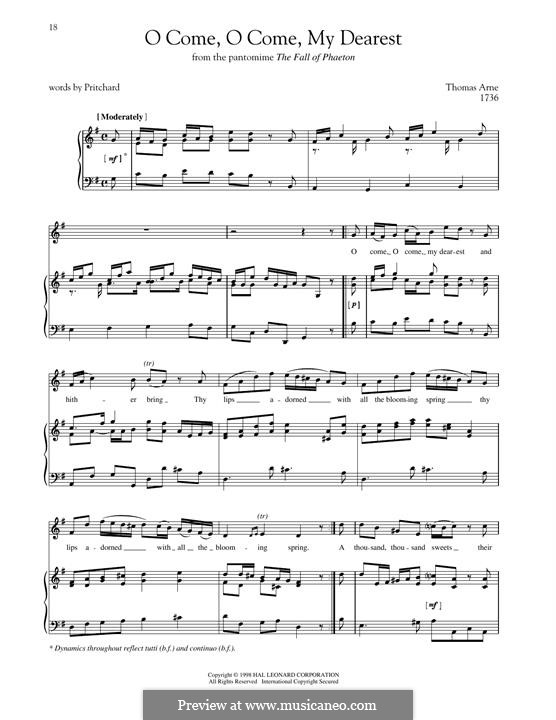 O Come, O Come, My Dearest: For voice and piano by Thomas Augustine Arne