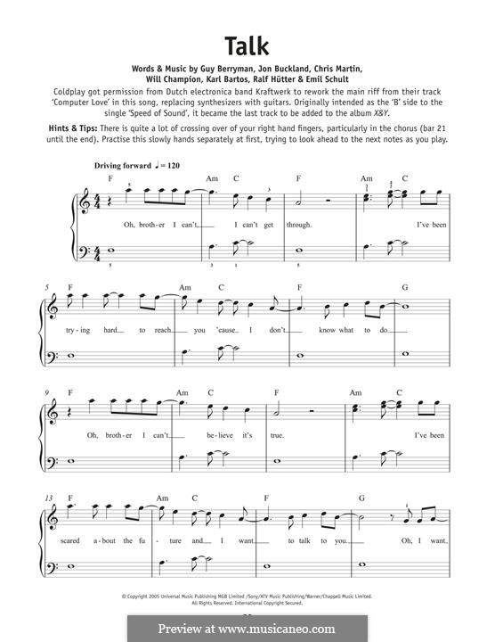 Talk (Coldplay): For piano by Chris Martin, Emil Schult, Guy Berryman, Jonny Buckland, Karl Bartos, Ralf Hütter, Will Champion