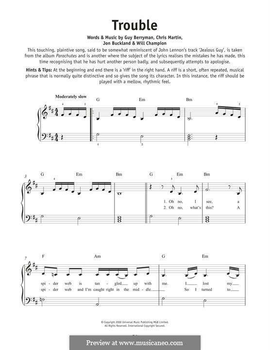 Trouble (Coldplay): For piano by Chris Martin, Guy Berryman, Jonny Buckland, Will Champion