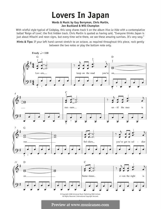 Lovers in Japan (Coldplay): For piano by Chris Martin, Guy Berryman, Jonny Buckland, Will Champion