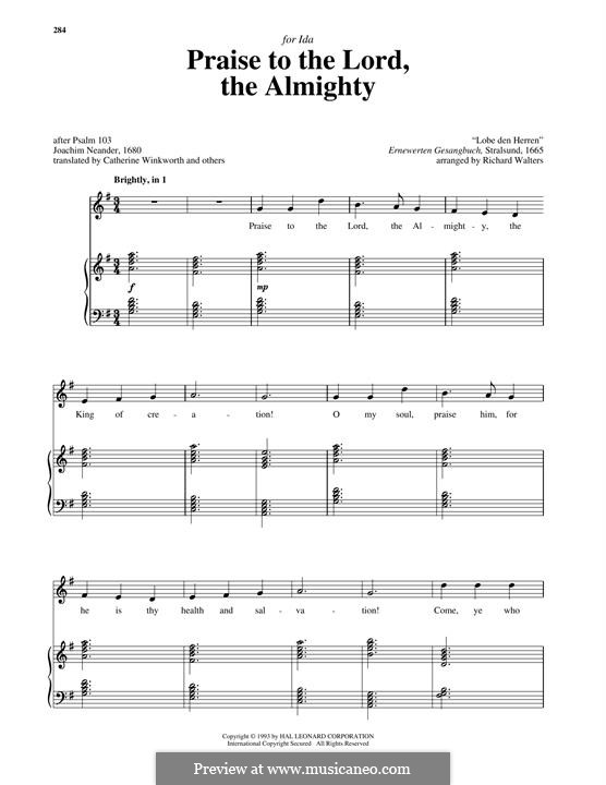 Praise to the Lord, the Almighty: For voice and piano by Unknown (works before 1850)