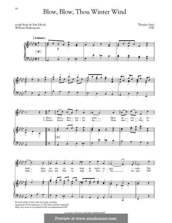 Blow, Blow Thou Winter Wind: Piano-vocal score by Thomas Augustine Arne