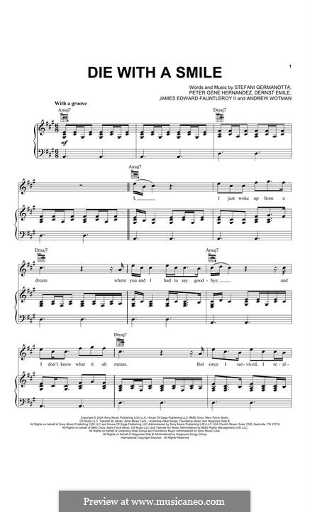 Die With A Smile (Bruno Mars & Lady Gaga): For voice and piano (or guitar) by Andrew Wotman