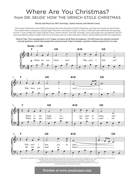 Where Are You Christmas? (from How The Grinch Stole Christmas): For piano by James Horner, Mariah Carey, Will Jennings