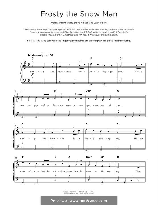Frosty the Snow Man, for Piano: For a single performer by Jack Rollins, Steve Nelson