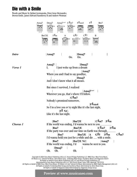 Die With A Smile (Bruno Mars & Lady Gaga): For guitar by Andrew Wotman