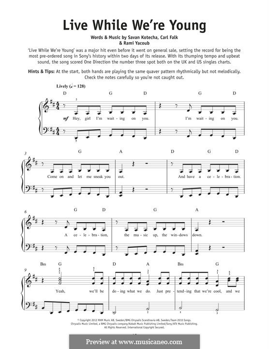 Live While We're Young (One Direction): For piano by Carl Falk, Rami Yacoub, Savan Kotecha