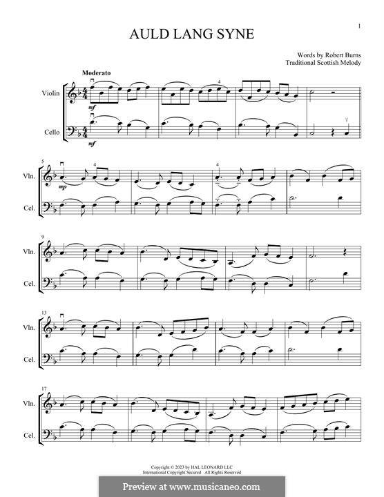 Vocal-instrumental version (printable scores): For violin and cello by folklore