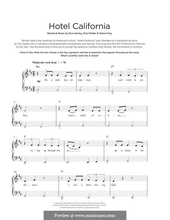 Hotel California (The Eagles): For piano by Don Felder, Don Henley, Glen Frey