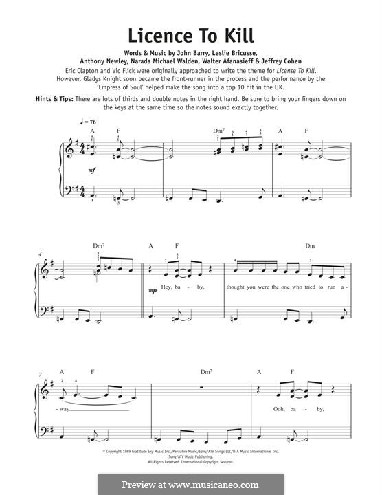 Licence to Kill (Gladys Knight): For piano by Anthony Newley, Jeffrey Cohen, John Barry, Leslie Bricusse, Narada Michael Walden, Walter Afanasieff