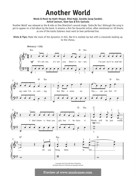 Another World (One Direction): For piano by RedOne, AJ Junior, Bilal Hajji, Eric Sanicola, Geraldo Sandell