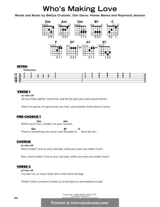 Who's Making Love (Johnnie Taylor): Lyrics and guitar chords by Bettye Jean Barnes Crutcher, Don Davis, Homer Banks, Raymond Jackson