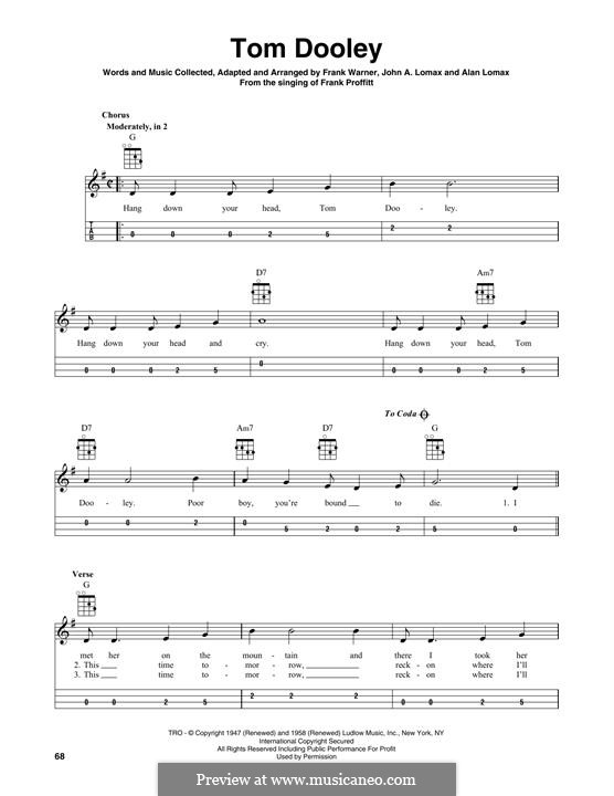 Tom Dooley (Kingston Trio): For mandolin by Alan Lomax, John A. Lomax, Frank Warner