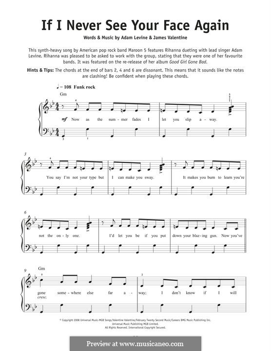If I Never See Your Face Again (Maroon 5): For piano by Adam Levine, James Valentine