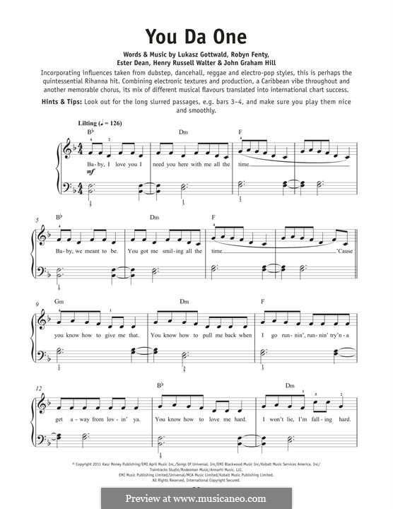 You Da One: For piano by Esther Dean, Lukas Gottwald, Rihanna, Henry Russell Walter, John Hill