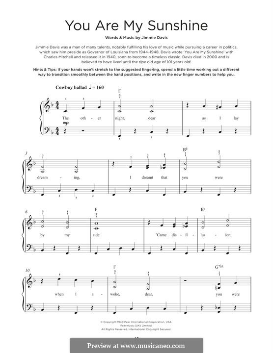 You are My Sunshine: For piano by Jimmie Davis
